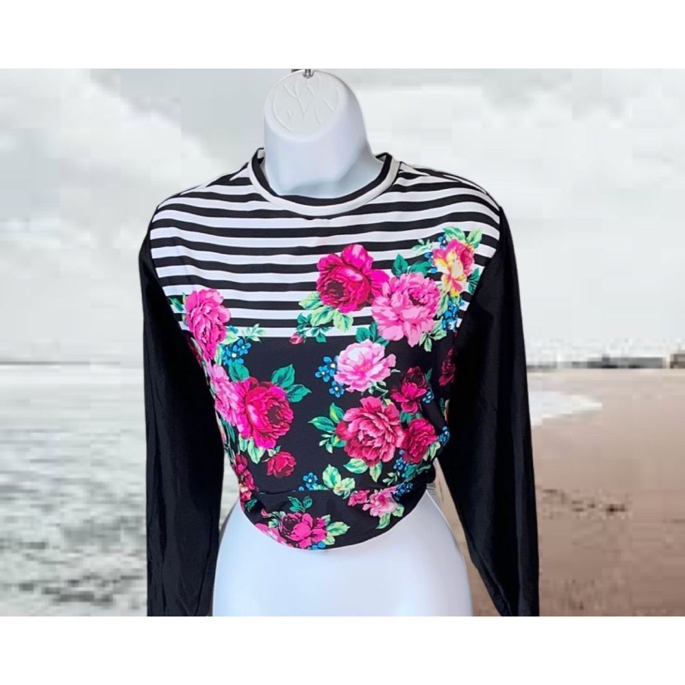 Torrid Black Swim Shirt Women 3X stripes Pink Flowers - Picture 1 of 5